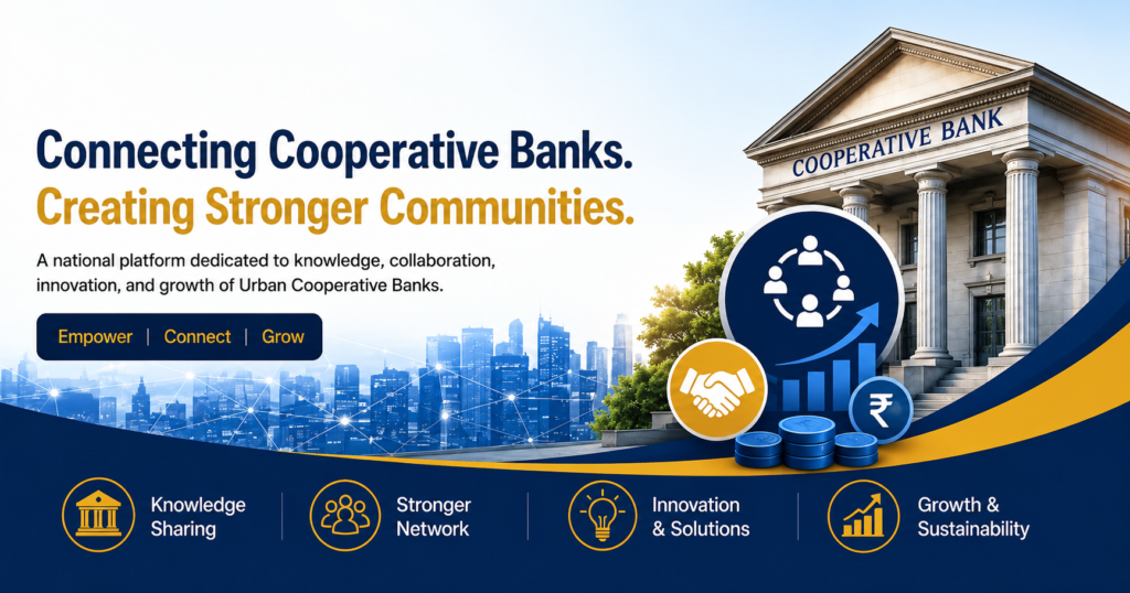4th Edition Rashtriya Coop Connect Summit 2027 banner featuring a bank building, modern IT cityscape, digital banking and technology icons, financial growth graphics, and event details for Pune, Maharashtra. Topics include digital banking, cybersecurity, data analytics, platform services, and customer experience.