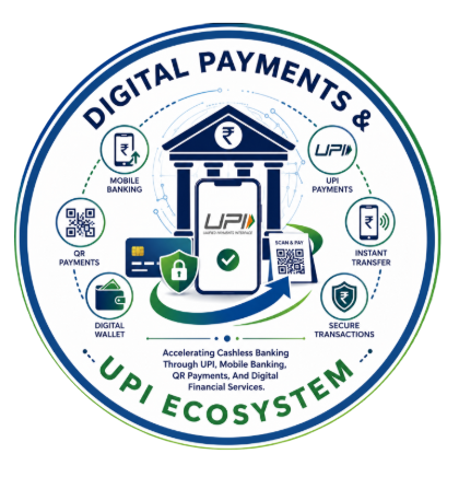 Digital payments and UPI ecosystem promoting cashless banking through UPI, mobile banking, QR payments, and digital financial services.