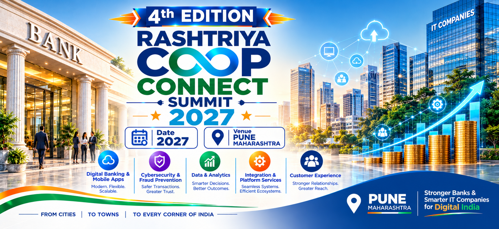 4th Edition Rashtriya Coop Connect Summit 2027 banner featuring a bank building, modern IT cityscape, digital banking and technology icons, financial growth graphics, and event details for Pune, Maharashtra. Topics include digital banking, cybersecurity, data analytics, platform services, and customer experience.